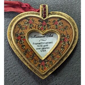 Vintage Maximal Art Heart Frame Ornament Gold Plated Pewter Handing Red Stones